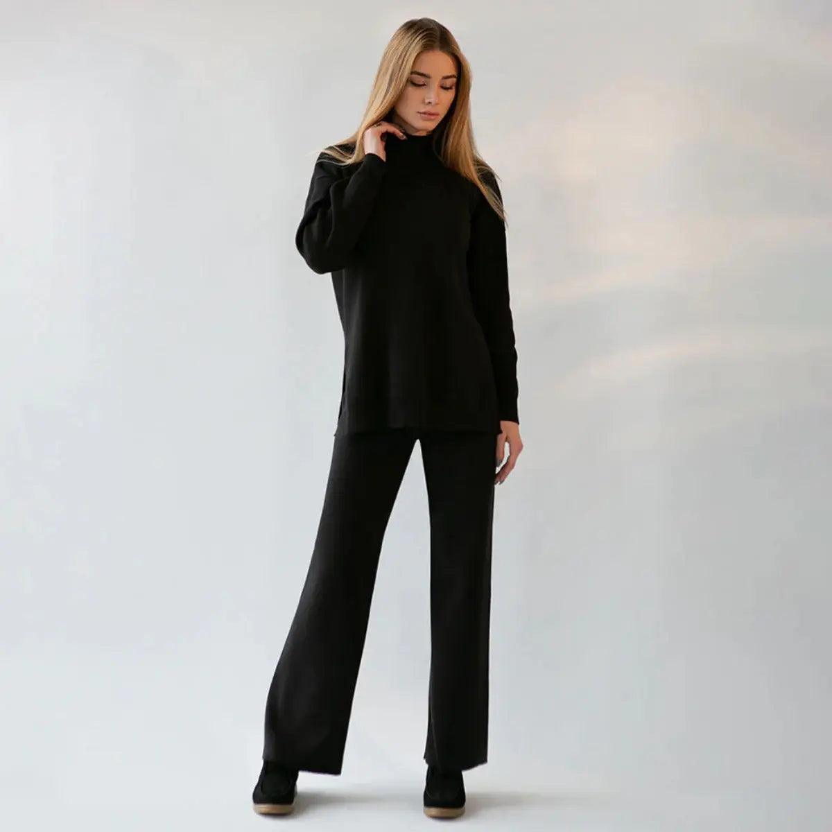MS022 Solid Color Knit Turtleneck Slit Sweater Set - Mariam's Collection