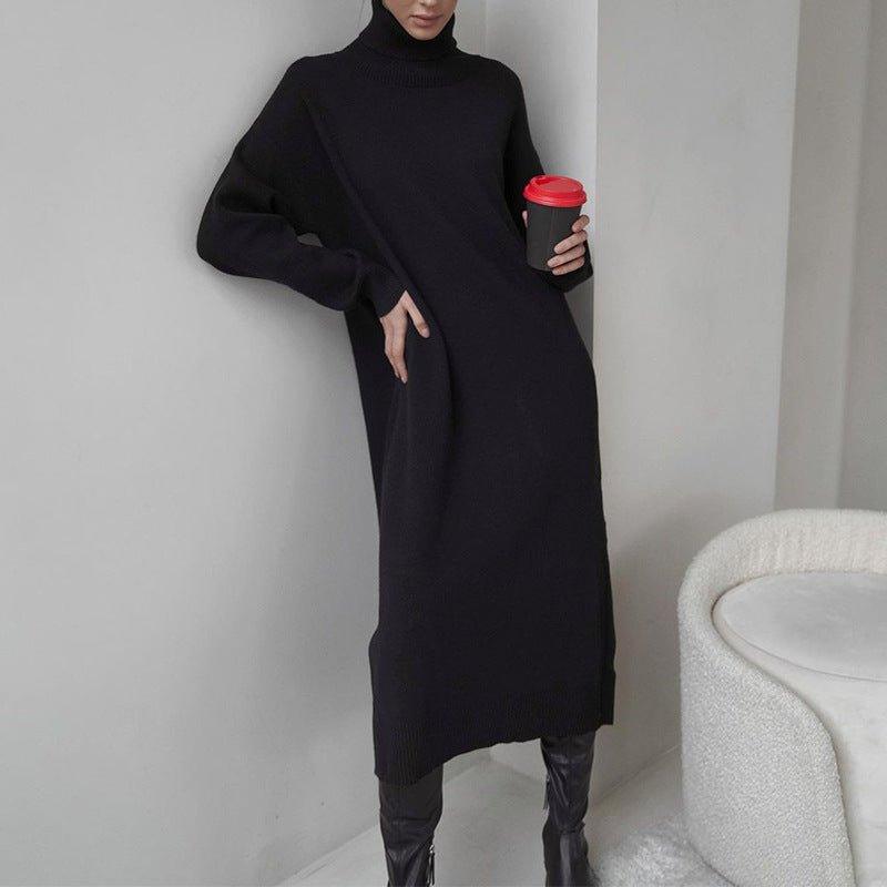 MS033 Knitted High Neck Solid Color Loose Casual Dress - Mariam's Collection