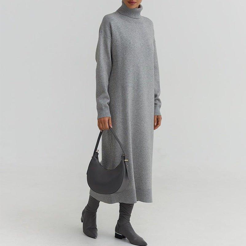 MS033 Knitted High Neck Solid Color Loose Casual Dress - Mariam's Collection