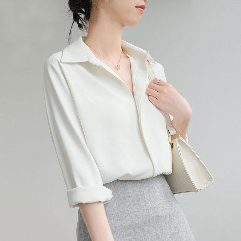 MS041 Long - Sleeve Lapel Satin Shirt - Mariam's Collection