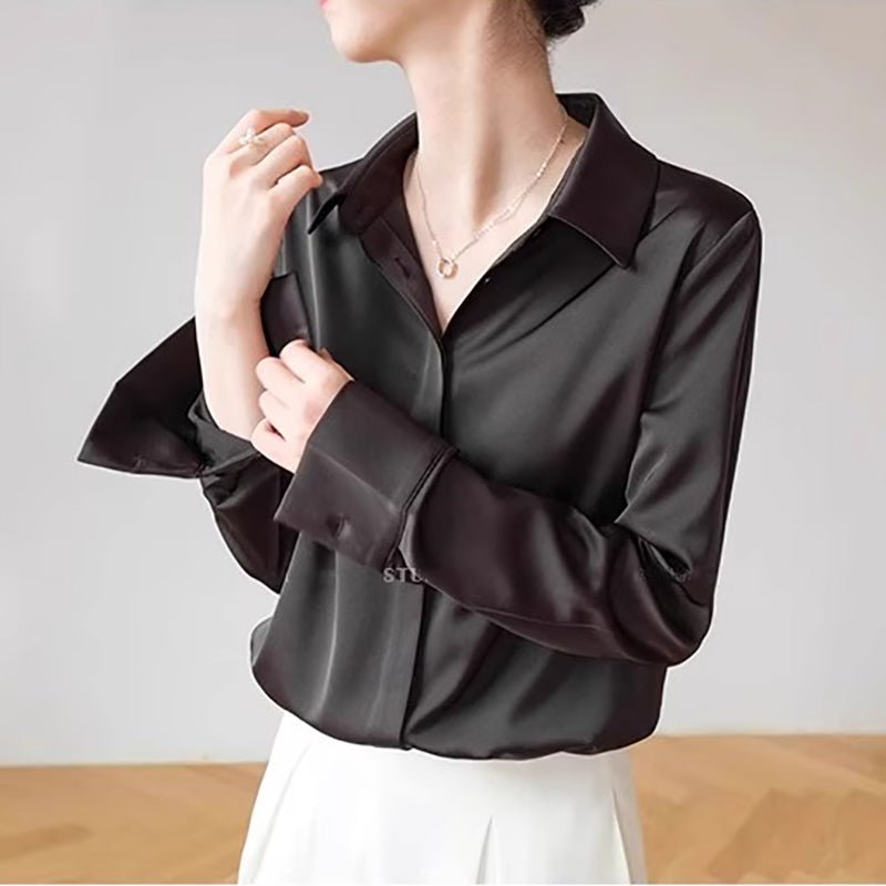 MS041 Long - Sleeve Lapel Satin Shirt - Mariam's Collection