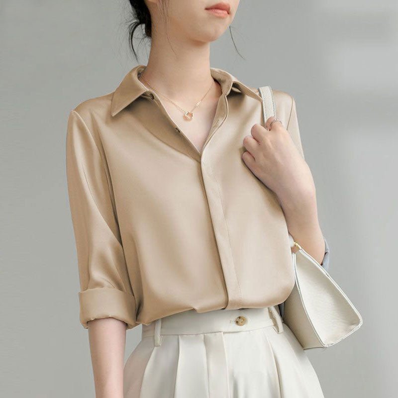 MS041 Long - Sleeve Lapel Satin Shirt - Mariam's Collection