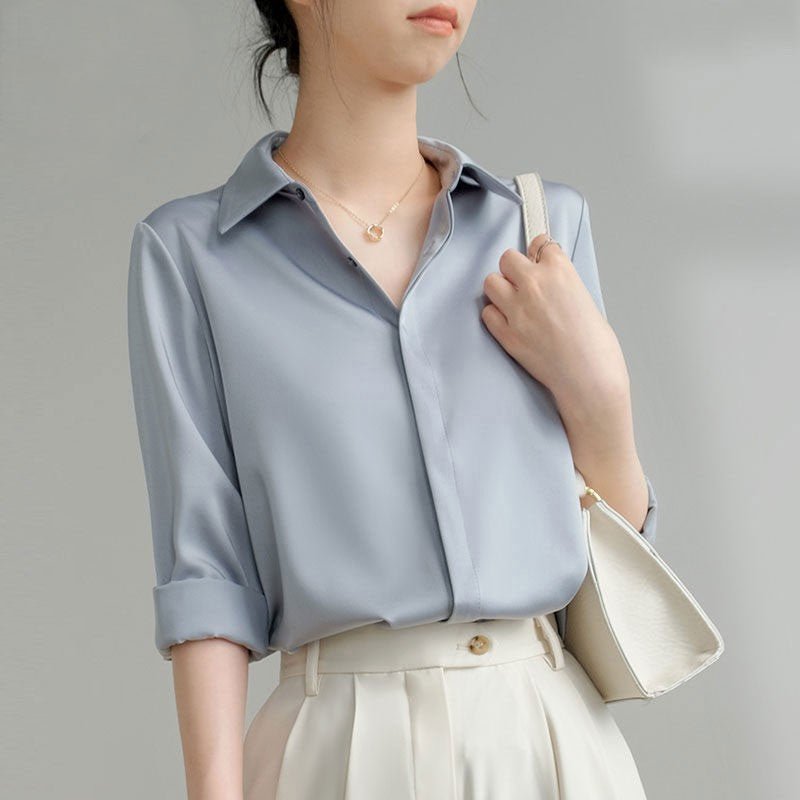 MS041 Long - Sleeve Lapel Satin Shirt - Mariam's Collection