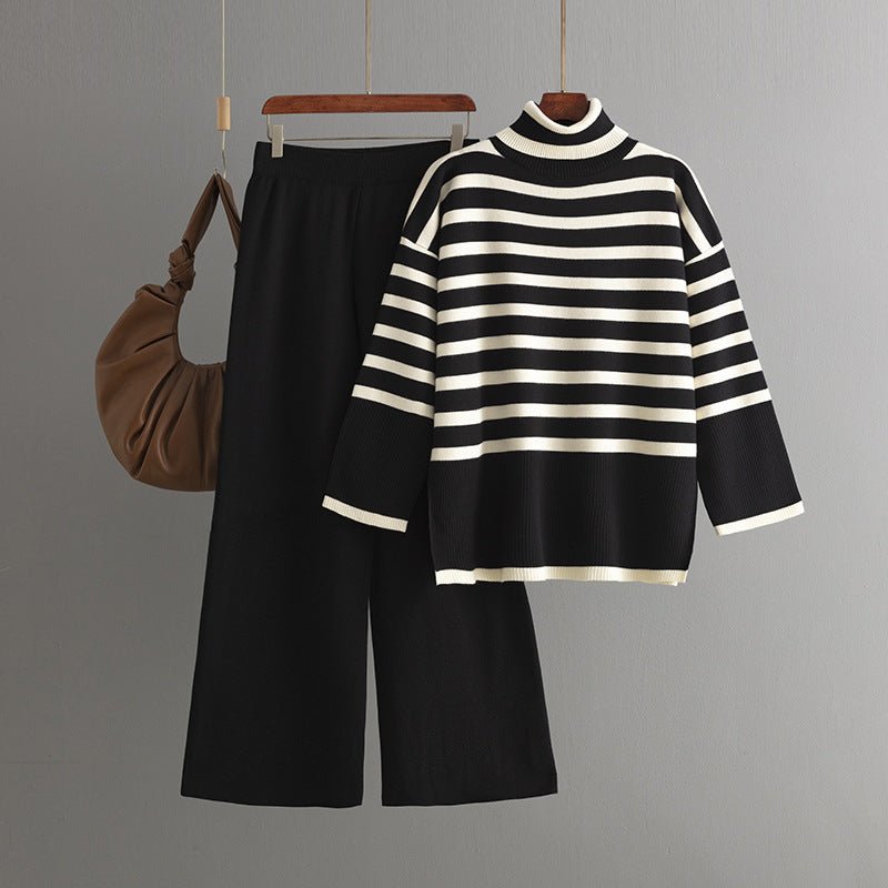 MS049 Autumn And Winter Striped Contrasting Color Turtleneck Loose Knitted Sweater 2 - Piece Set - Mariam's Collection