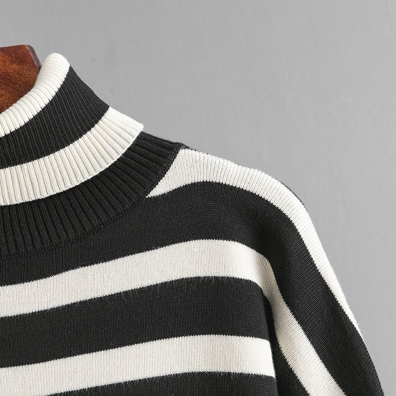 MS049 Autumn And Winter Striped Contrasting Color Turtleneck Loose Knitted Sweater 2 - Piece Set - Mariam's Collection