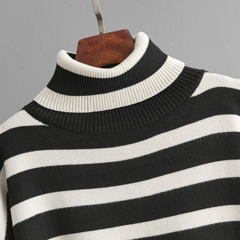 MS049 Autumn And Winter Striped Contrasting Color Turtleneck Loose Knitted Sweater 2 - Piece Set - Mariam's Collection