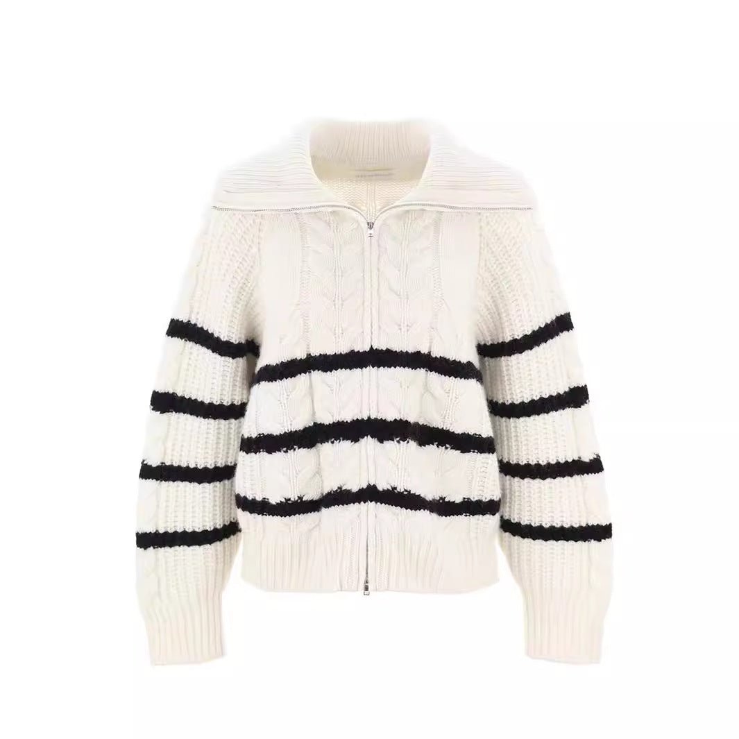 MS057 Lapel Striped Knit Sweater - Mariam's Collection