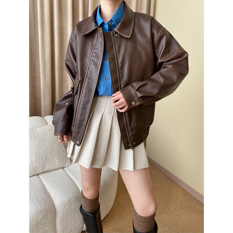 MS061 Vintage Loose Leather Jacket Coat - Mariam's Collection