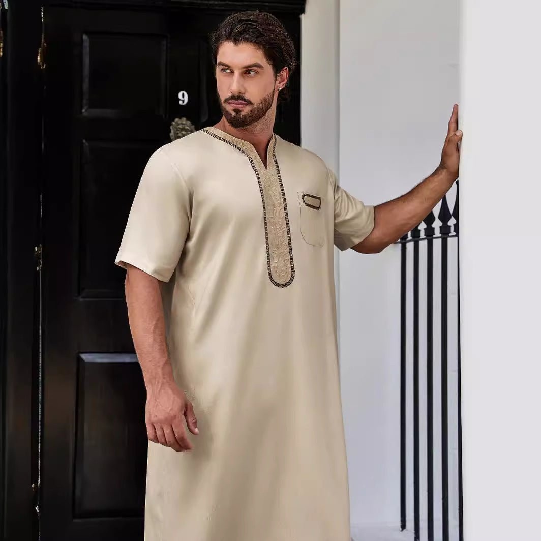 MT014 Embroidered Short Sleeve Thobe - Mariam's Collection