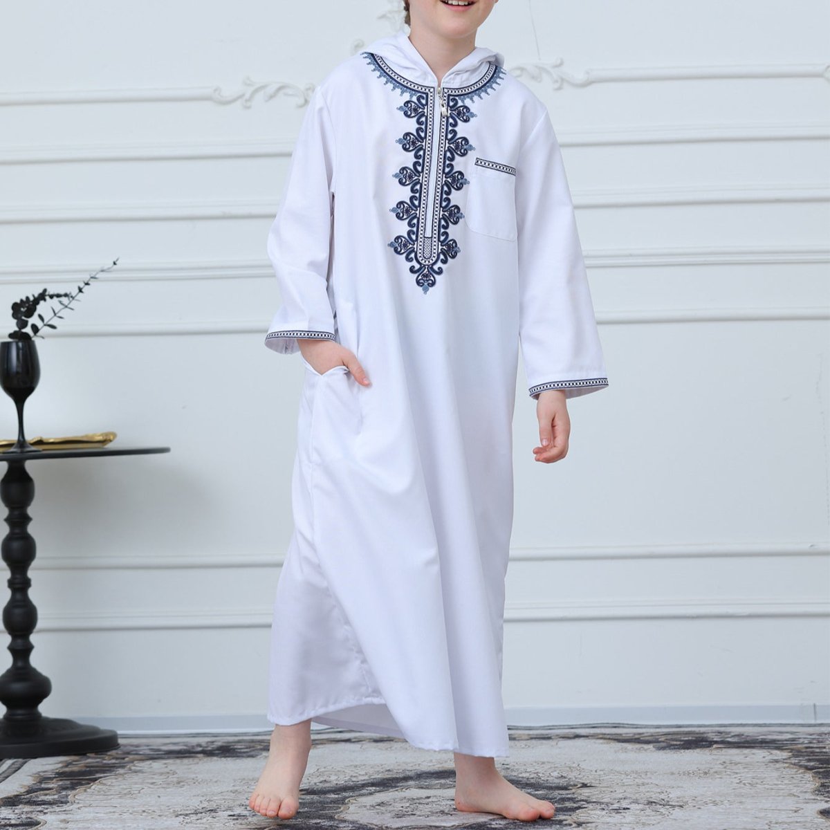 Muslim Boys Embroidered Hooded Thobe with Pockets (MKB014) - Mariam's Collection