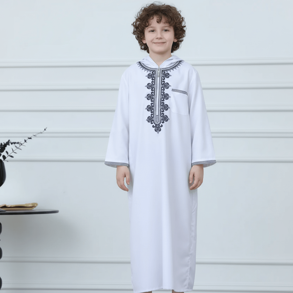 Muslim Boys Embroidered Hooded Thobe with Pockets (MKB014) - Mariam's Collection