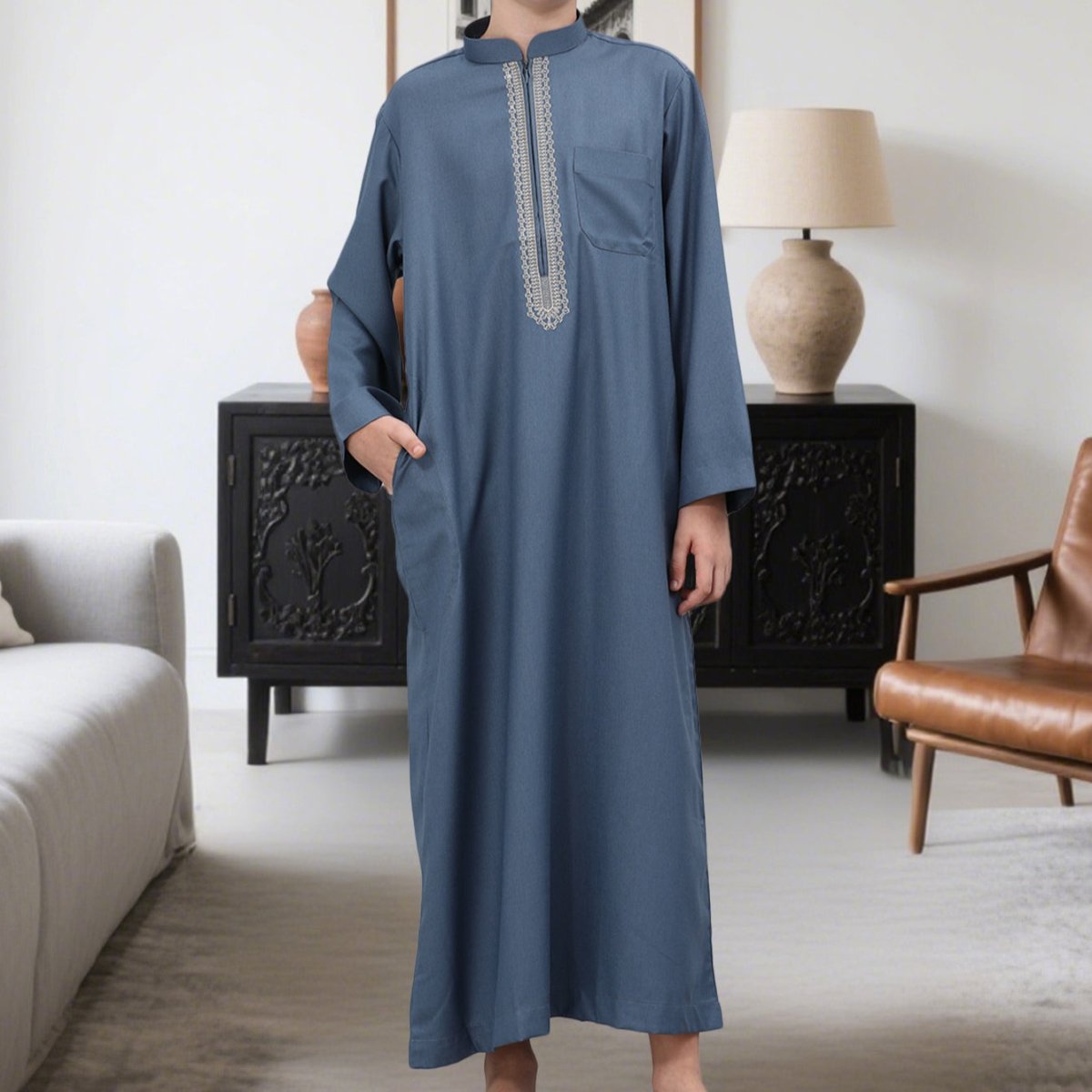 Muslim Boys Embroidered Thobe with Pockets (MKB013) - Mariam's Collection
