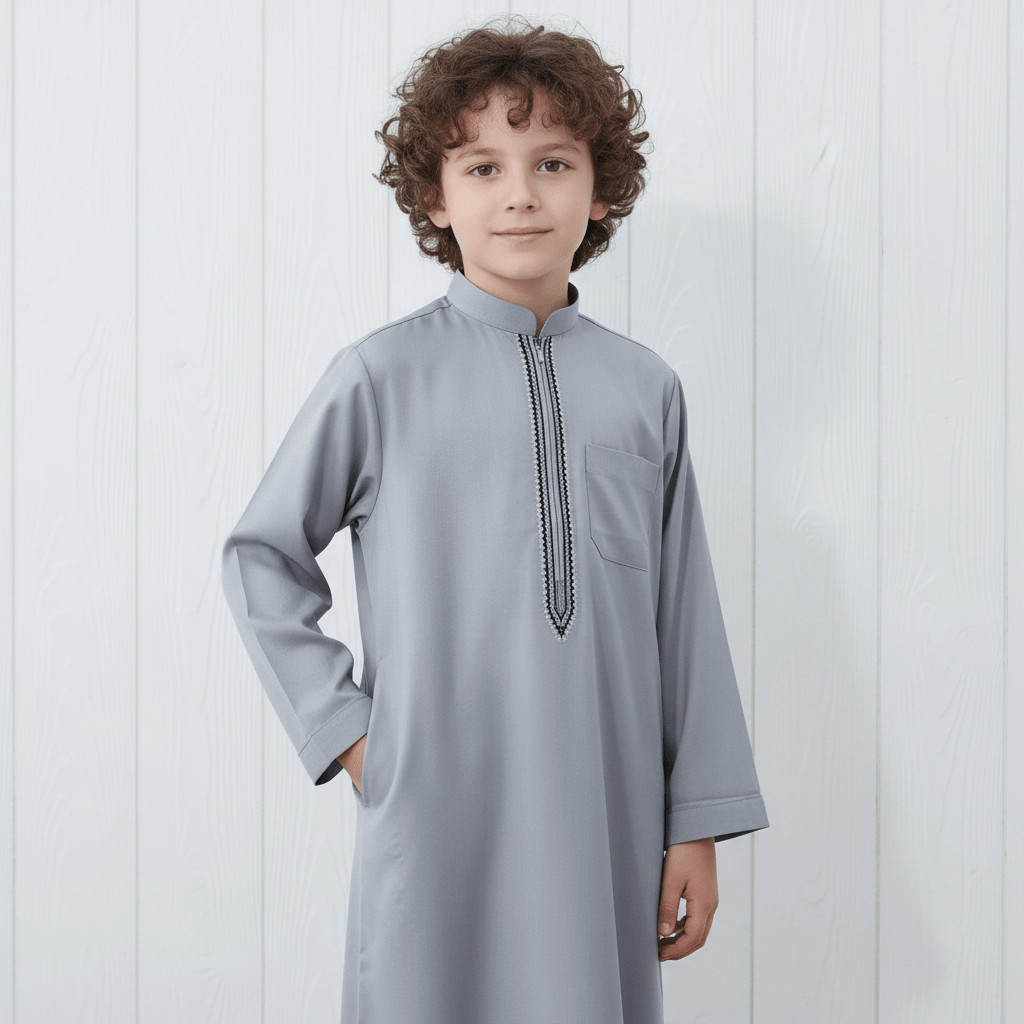 Muslim Boys Embroidered Thobe with Pockets (MKB013) - Mariam's Collection