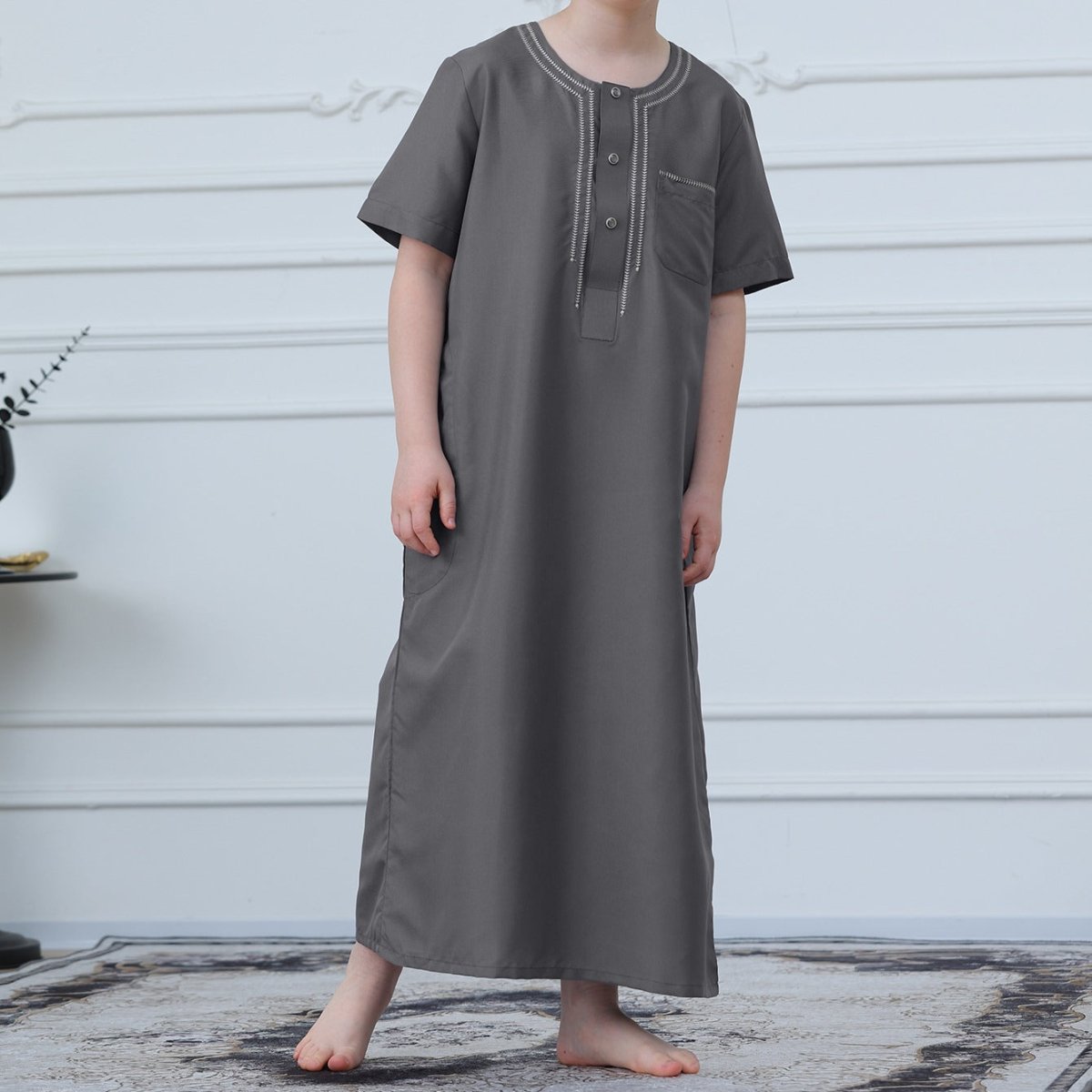 Muslim Boys Short Sleeve Embroidered Thobe with Pockets (MKB015) - Mariam's Collection
