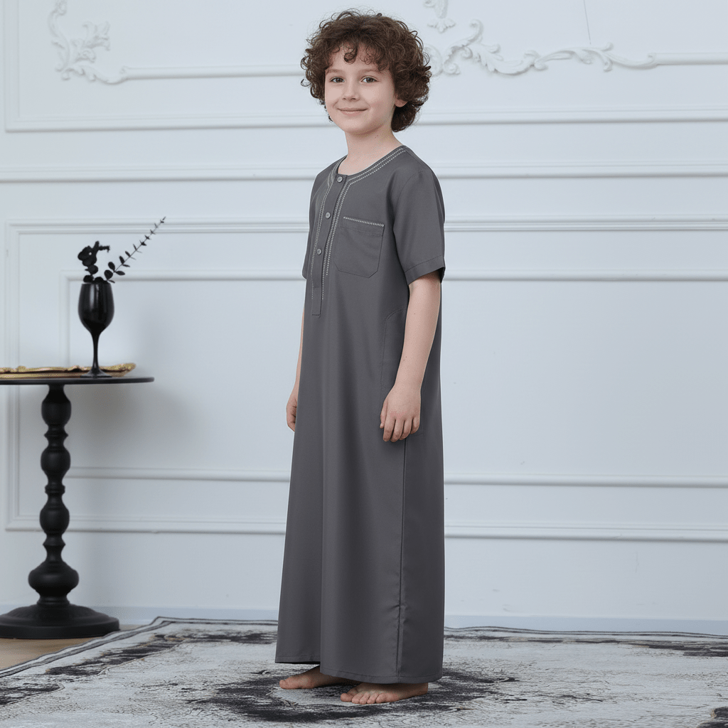 Muslim Boys Short Sleeve Embroidered Thobe with Pockets (MKB015) - Mariam's Collection