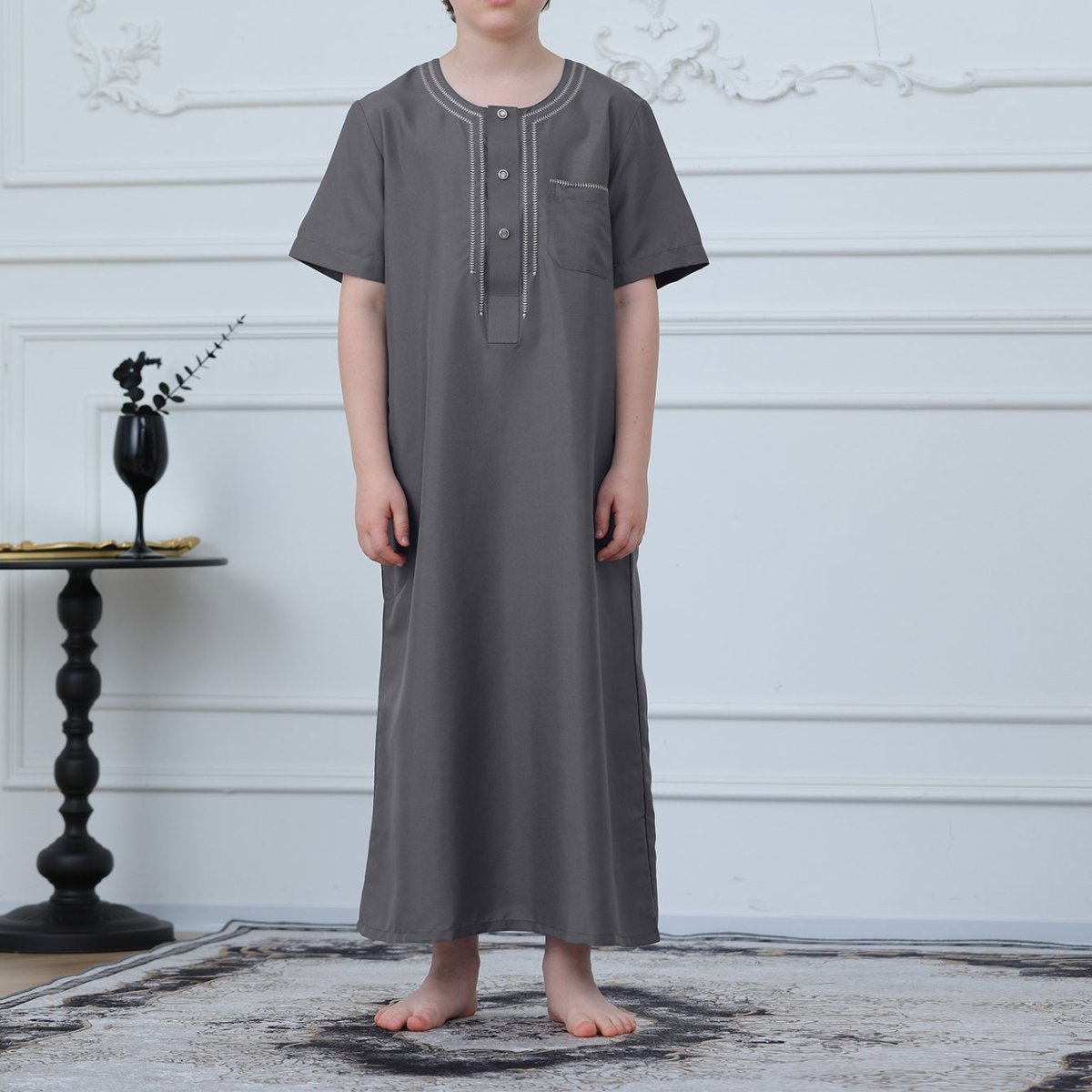 Muslim Boys Short Sleeve Embroidered Thobe with Pockets (MKB015) - Mariam's Collection