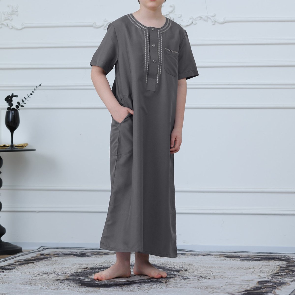 Muslim Boys Short Sleeve Embroidered Thobe with Pockets (MKB015) - Mariam's Collection