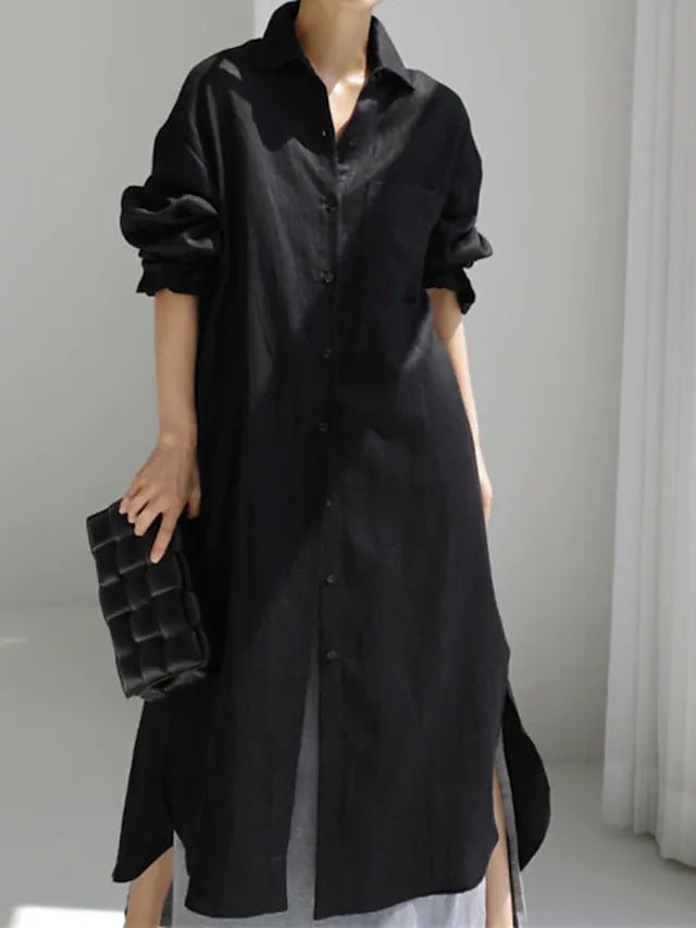 Muslim Casual Elegance Linen-Blend Shirt Dress | Modest Maxi with Button Front & Side Slits (MS096) Black / XL