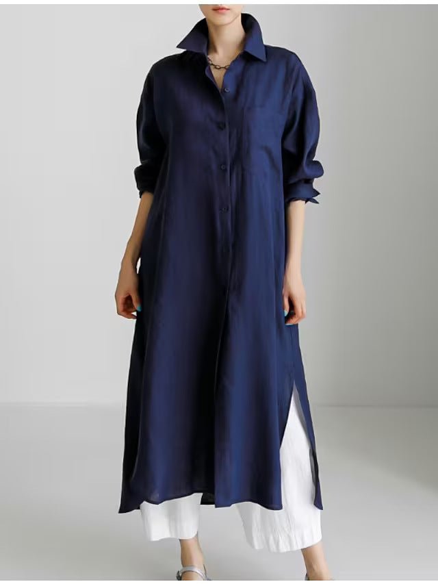 Muslim Casual Elegance Linen-Blend Shirt Dress | Modest Maxi with Button Front & Side Slits (MS096) Navy blue / S Muslim Casual Elegance Linen-Blend Shirt Dress | Modest Maxi with Button Front & Side Slits (MS096) Navy blue / S