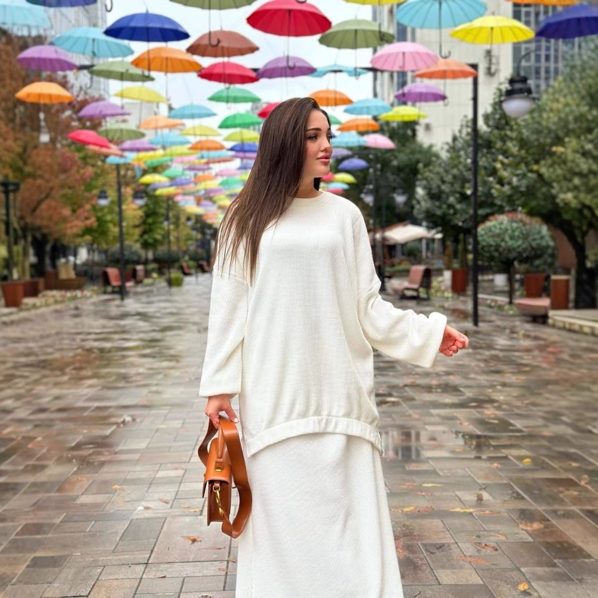 Muslim Casual Luxury Knit Two - Piece Set | Cream White Modest Sweater & A - Line Skirt. (MS097) - Mariam's Collection