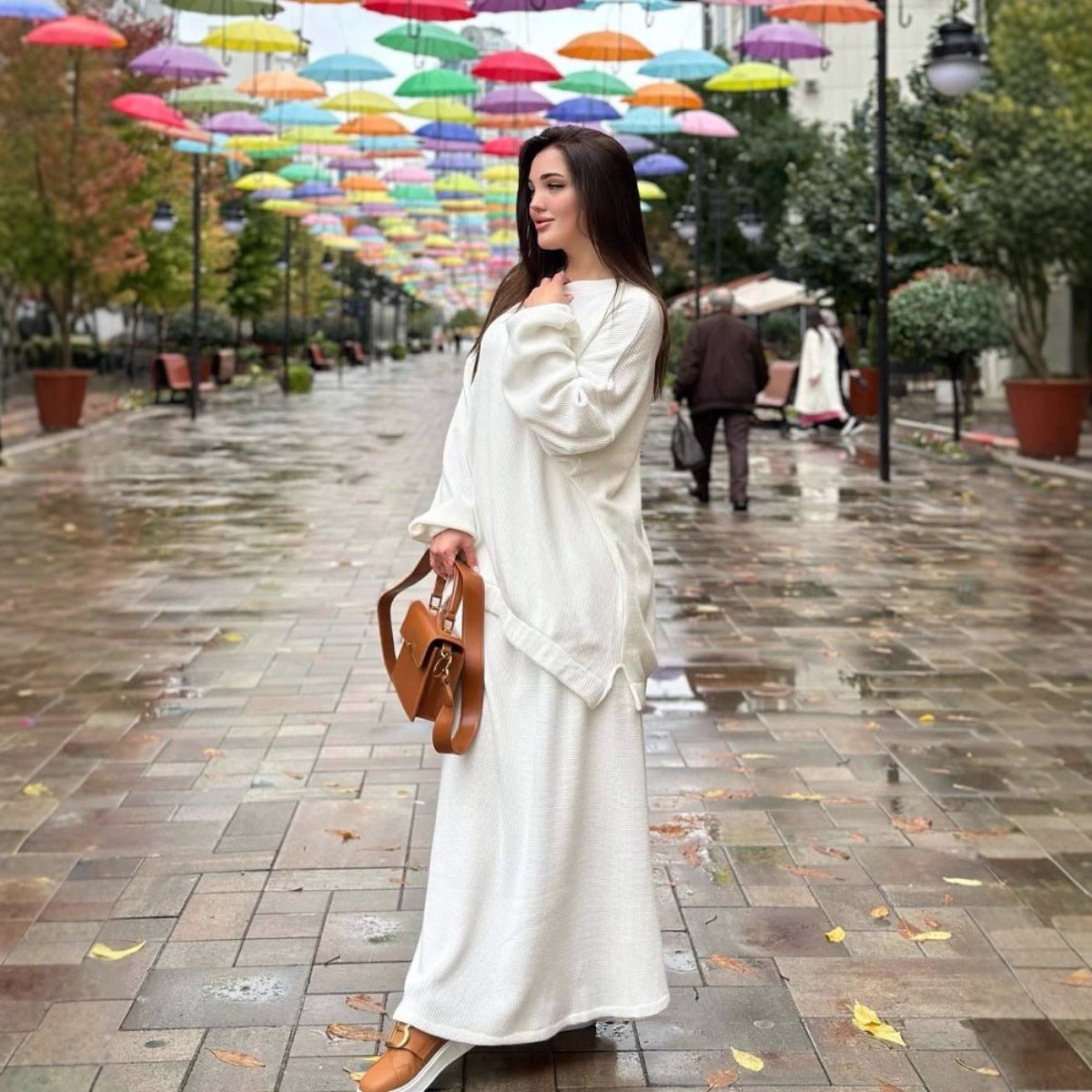 Muslim Casual Luxury Knit Two - Piece Set | Cream White Modest Sweater & A - Line Skirt. (MS097) - Mariam's Collection