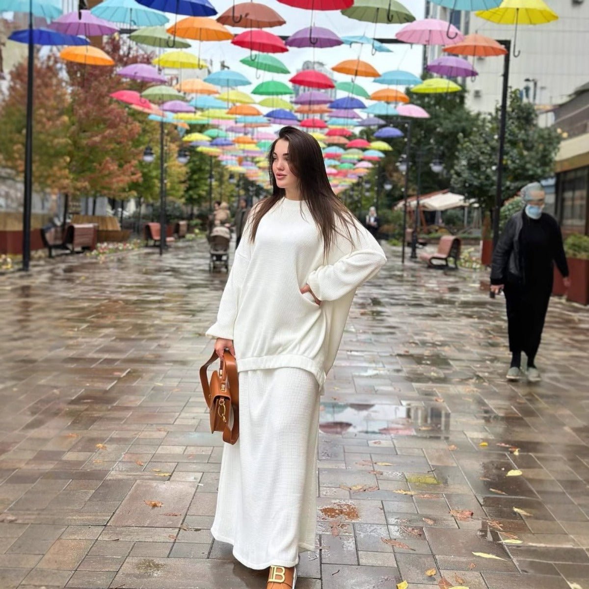 Muslim Casual Luxury Knit Two - Piece Set | Cream White Modest Sweater & A - Line Skirt. (MS097) - Mariam's Collection