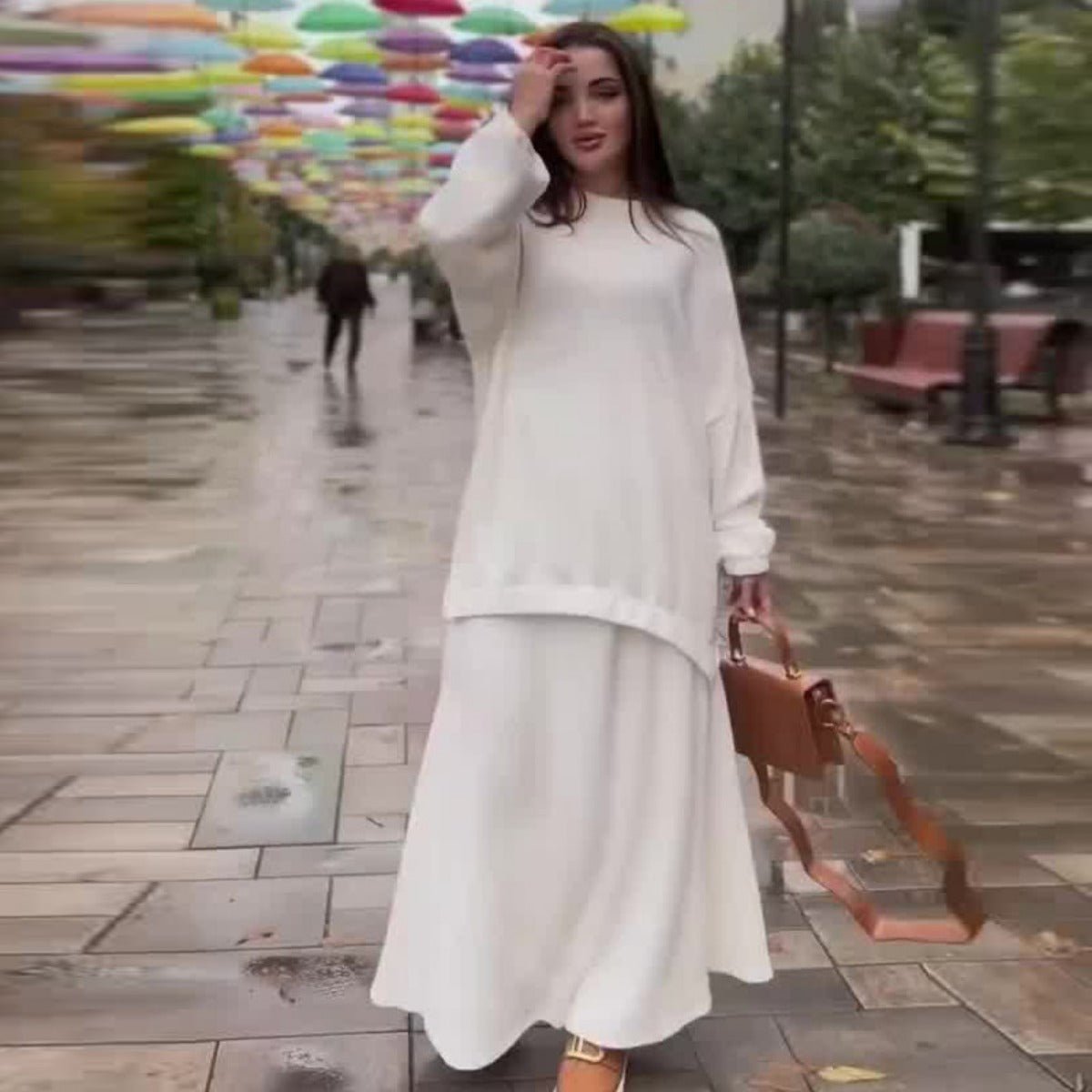 Muslim Casual Luxury Knit Two - Piece Set | Cream White Modest Sweater & A - Line Skirt. (MS097) - Mariam's Collection