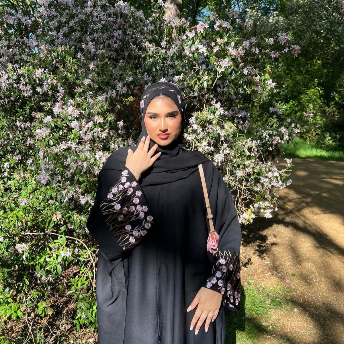Muslim Elegant Floral Embroidered Abaya Cardigan | Black Modest Cover with Red/Pink Hand - Stitched Blossoms. (MOA169) - Mariam's Collection