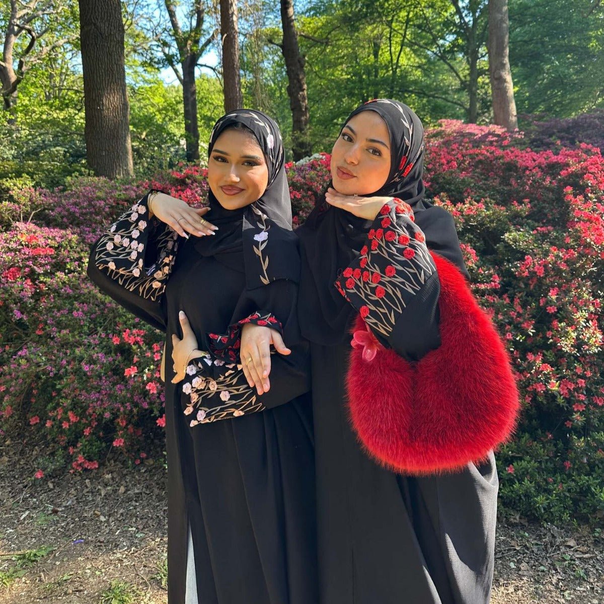 Muslim Elegant Floral Embroidered Abaya Cardigan | Black Modest Cover with Red/Pink Hand - Stitched Blossoms. (MOA169) - Mariam's Collection