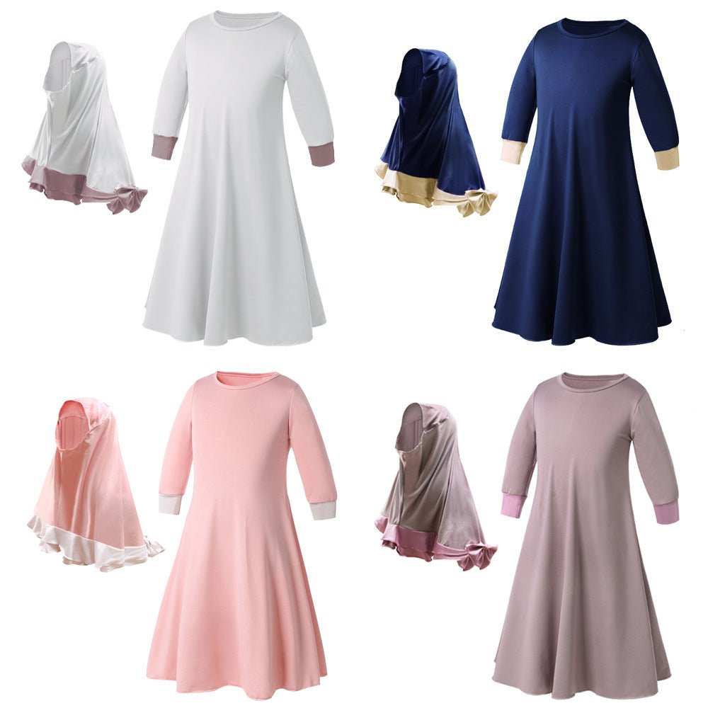 Muslim Girls Dress & Bow Hijab Set with Ruffle Trim (MKG026) - Mariam's Collection