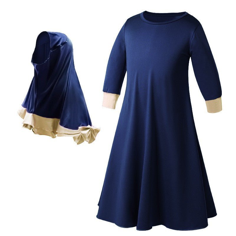 Muslim Girls Dress & Bow Hijab Set with Ruffle Trim (MKG026) - Mariam's Collection