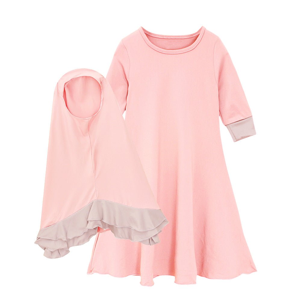 Muslim Girls Dress & Bow Hijab Set with Ruffle Trim (MKG026) - Mariam's Collection