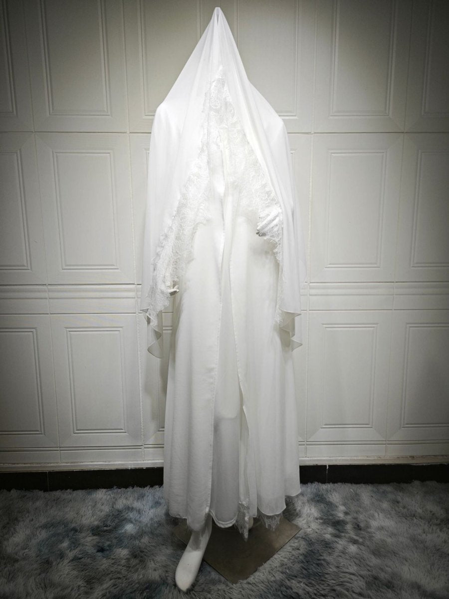 Muslim Women's Luxury Pure Elegance Chiffon Abaya | White Modest Dress with Delicate Lace Splicing & Matching Hijab. (MOA175) - Mariam's Collection
