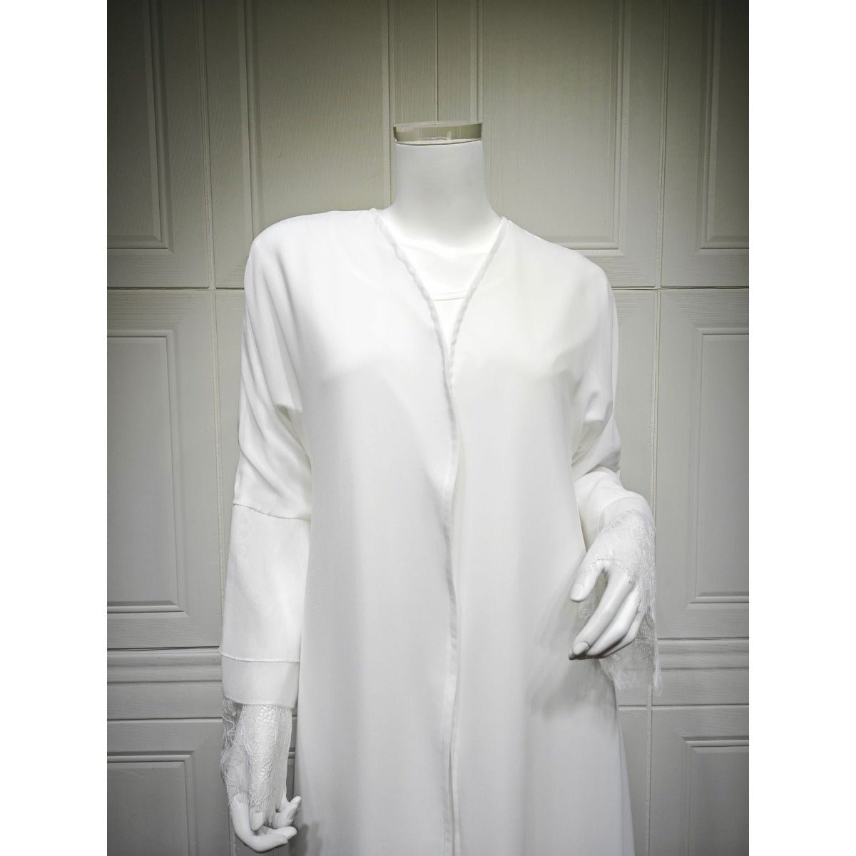 Muslim Women's Luxury Pure Elegance Chiffon Abaya | White Modest Dress with Delicate Lace Splicing & Matching Hijab. (MOA175) - Mariam's Collection