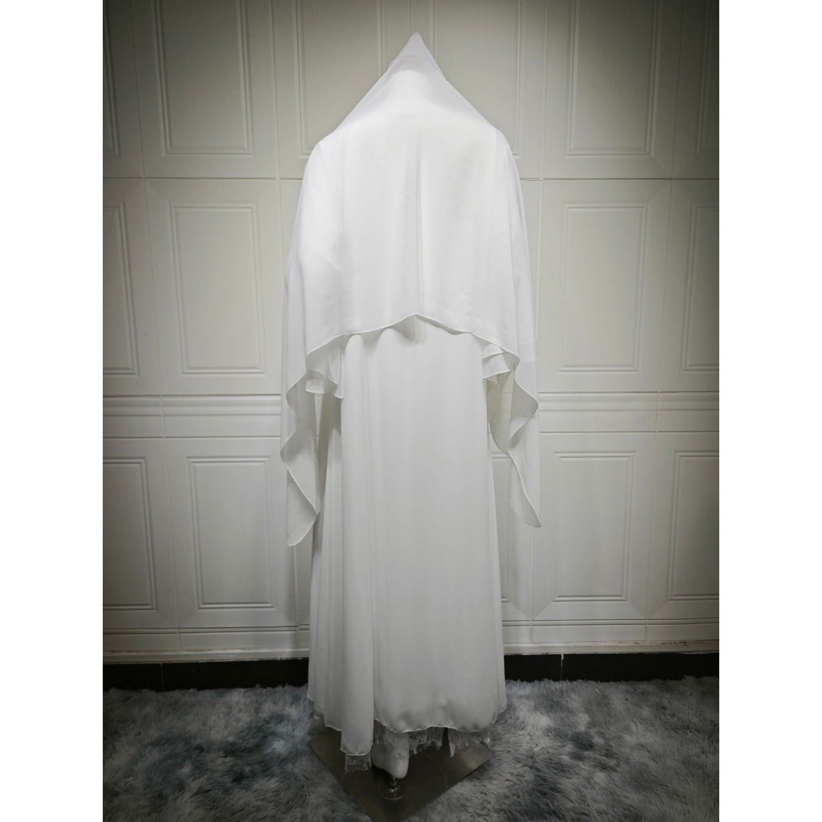 Muslim Women's Luxury Pure Elegance Chiffon Abaya | White Modest Dress with Delicate Lace Splicing & Matching Hijab. (MOA175) - Mariam's Collection