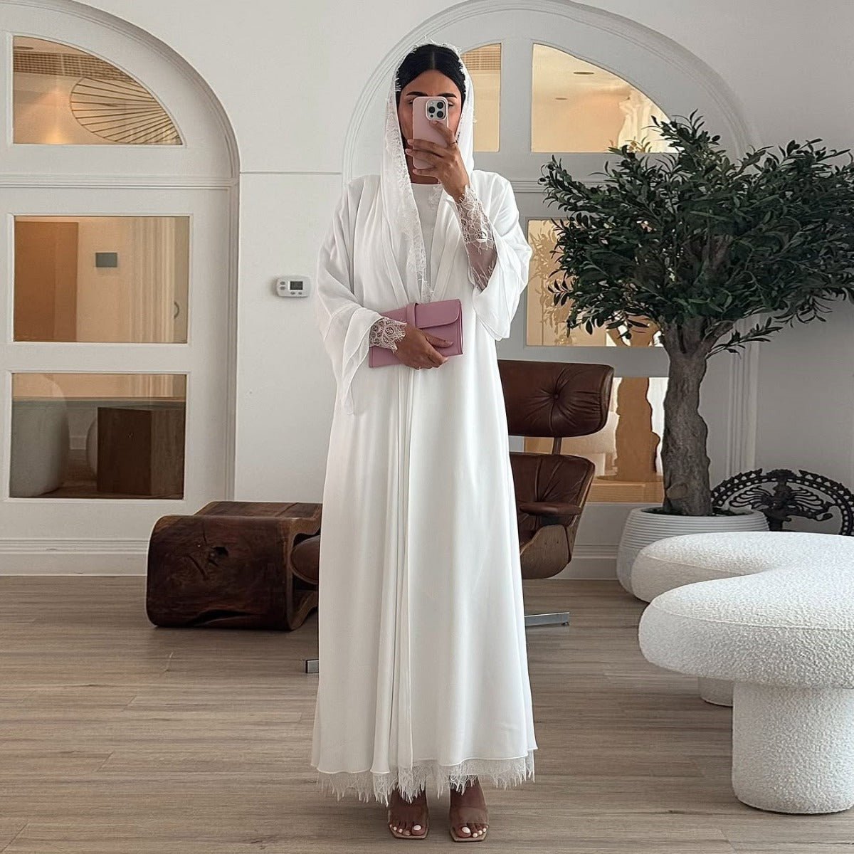 Muslim Women's Luxury Pure Elegance Chiffon Abaya | White Modest Dress with Delicate Lace Splicing & Matching Hijab. (MOA175) - Mariam's Collection