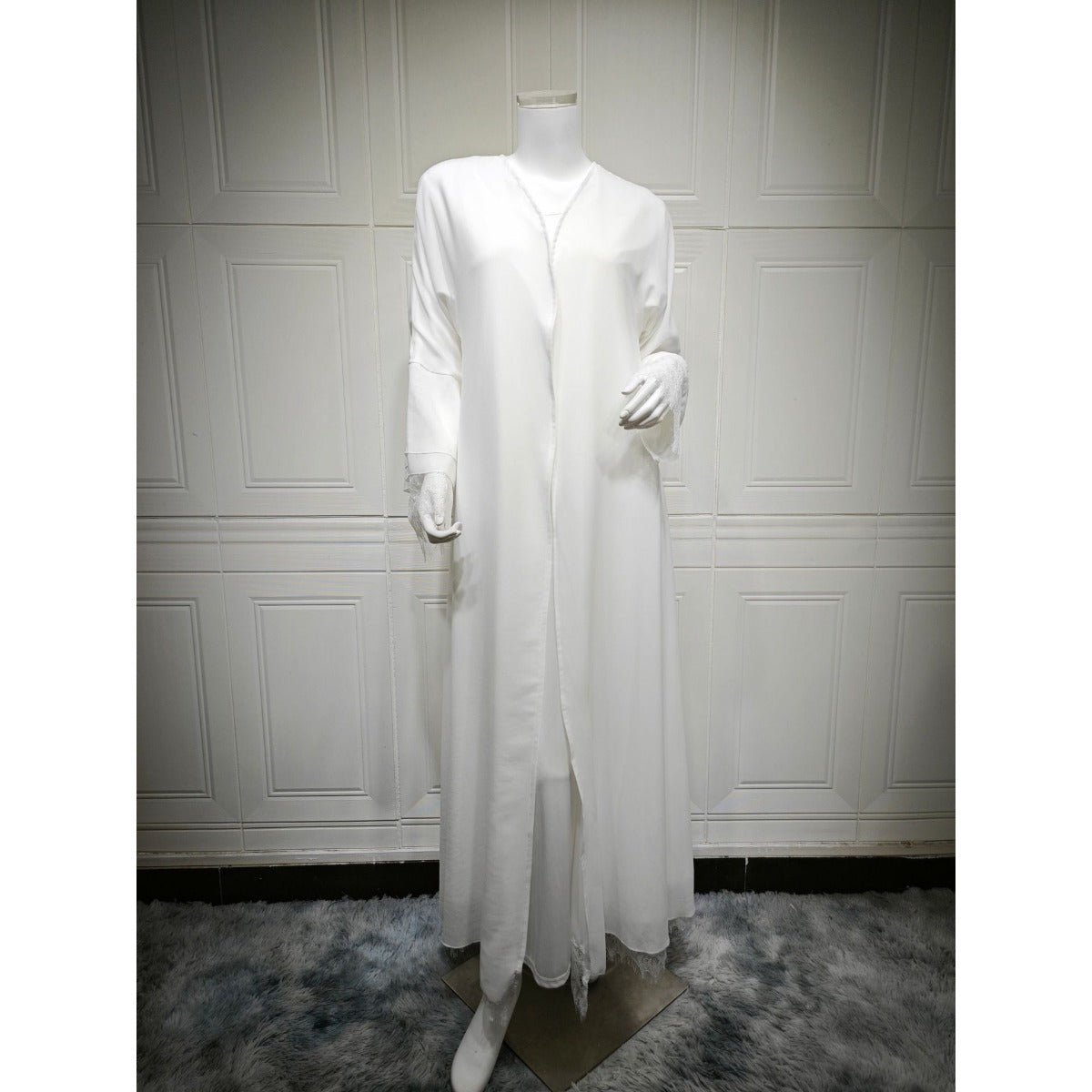 Muslim Women's Luxury Pure Elegance Chiffon Abaya | White Modest Dress with Delicate Lace Splicing & Matching Hijab. (MOA175) - Mariam's Collection