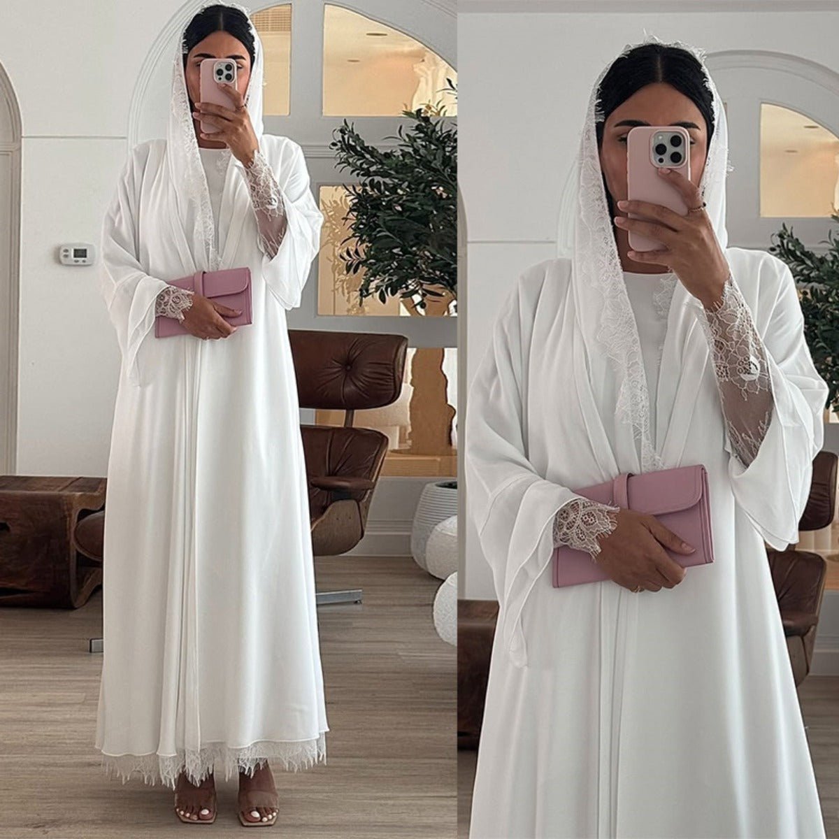Muslim Women's Luxury Pure Elegance Chiffon Abaya | White Modest Dress with Delicate Lace Splicing & Matching Hijab. (MOA175) - Mariam's Collection