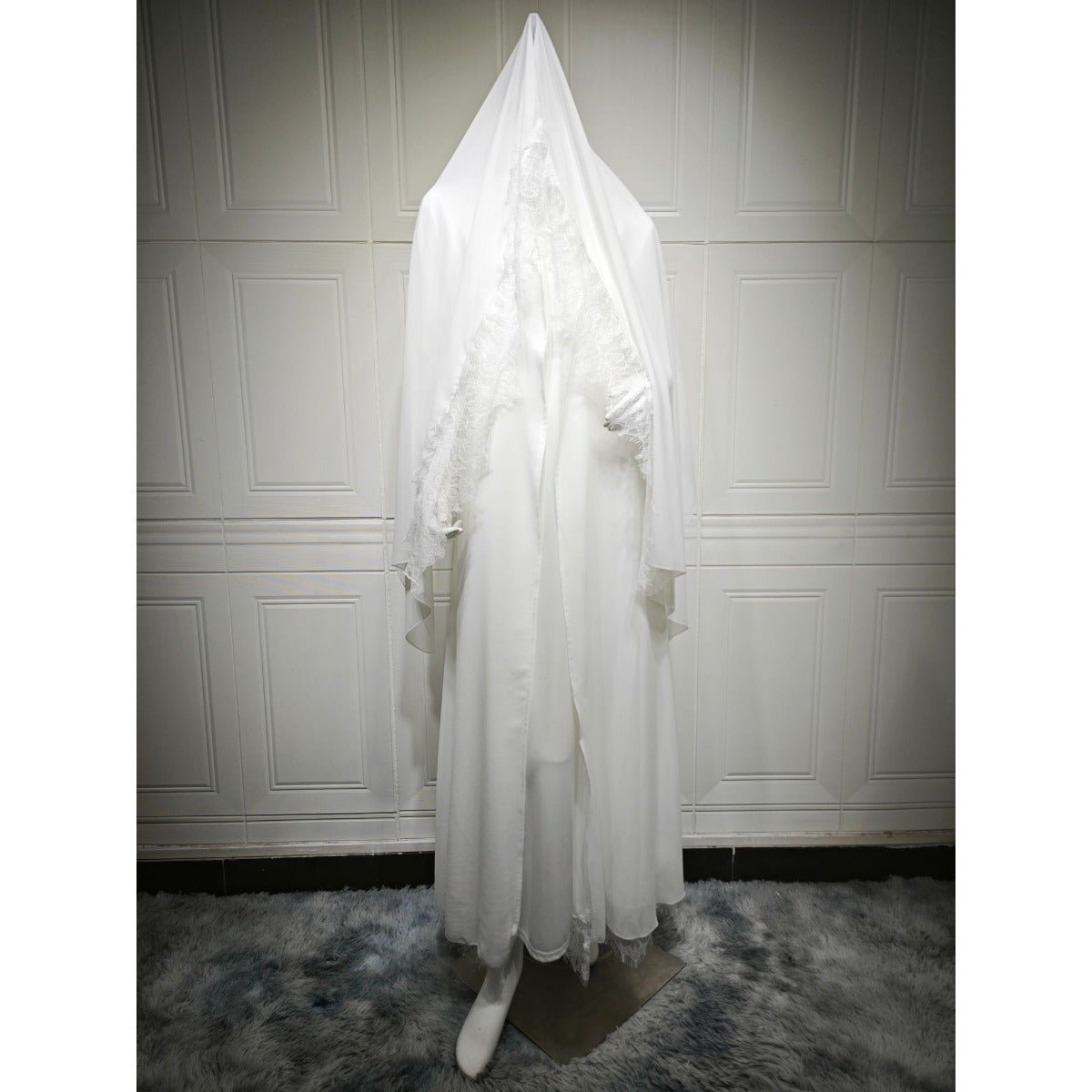 Muslim Women's Luxury Pure Elegance Chiffon Abaya | White Modest Dress with Delicate Lace Splicing & Matching Hijab. (MOA175) - Mariam's Collection