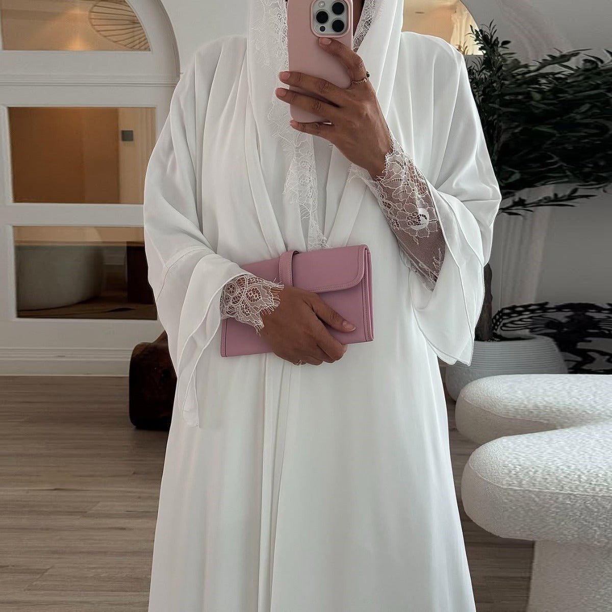 Muslim Women's Luxury Pure Elegance Chiffon Abaya | White Modest Dress with Delicate Lace Splicing & Matching Hijab. (MOA175) - Mariam's Collection