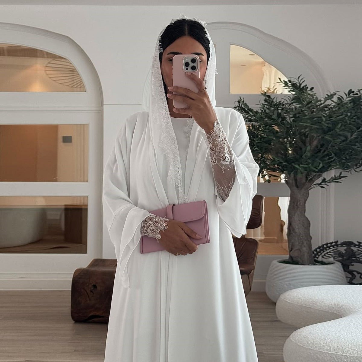 Muslim Women's Luxury Pure Elegance Chiffon Abaya | White Modest Dress with Delicate Lace Splicing & Matching Hijab. (MOA175) - Mariam's Collection