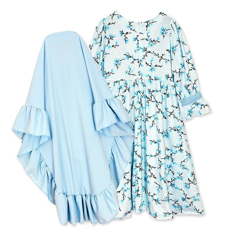 Muslimah Girls Blue Floral Dress & Khimar Set (MKG027) - Mariam's Collection