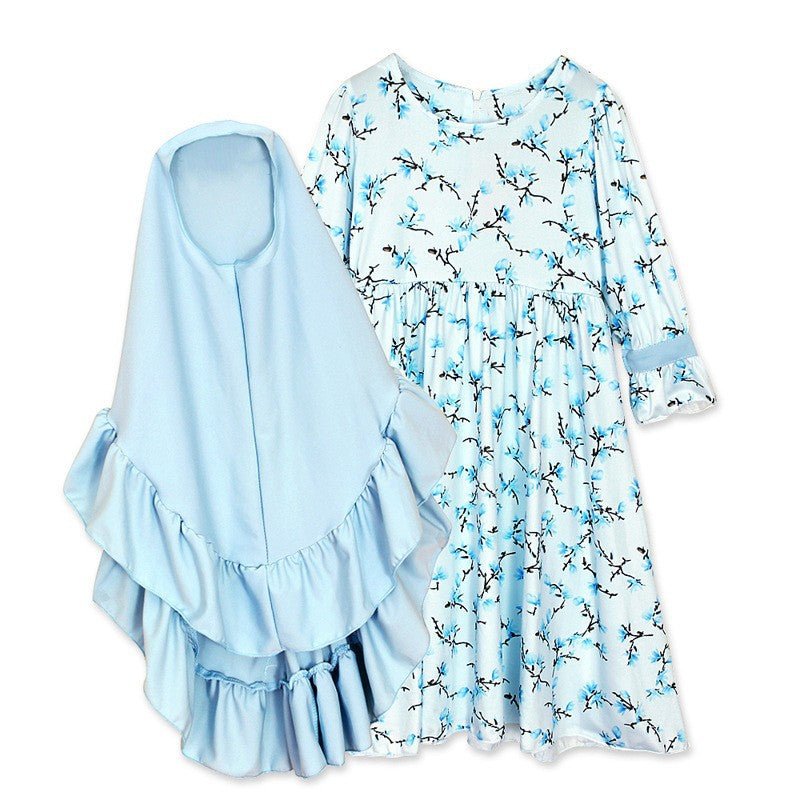 Muslimah Girls Blue Floral Dress & Khimar Set (MKG027) - Mariam's Collection