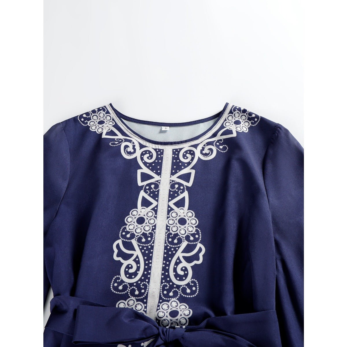 Navy Blue Digital Print Flared Sleeve Dress - Modest Elegant Robe with Lace - Up Detail & Embroidery(MA284) - Mariam's Collection
