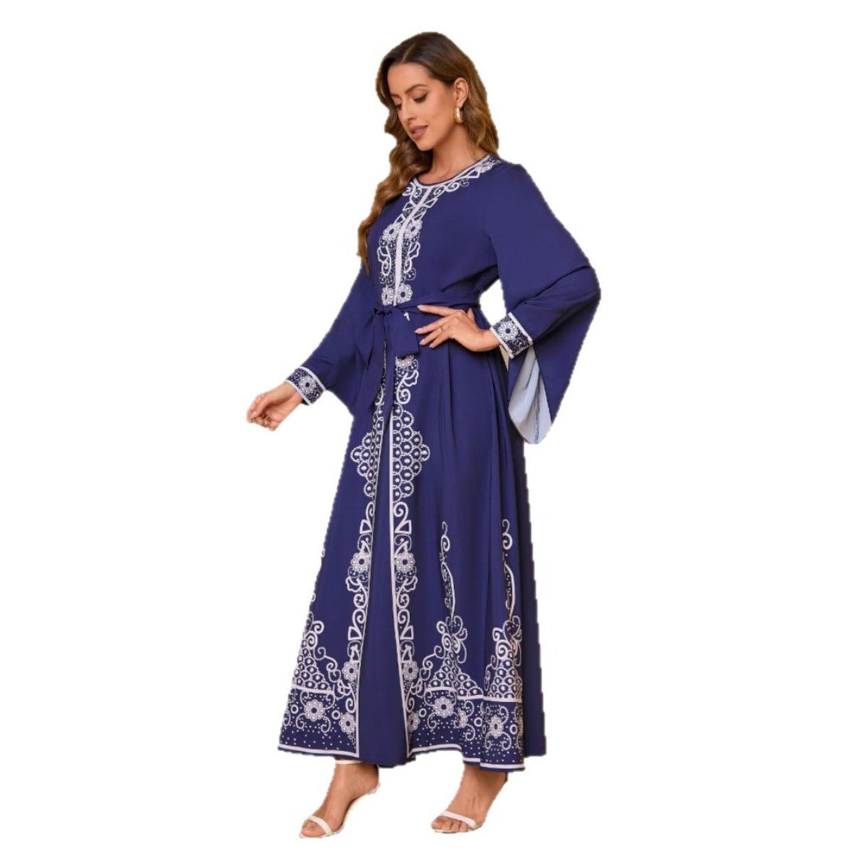 Navy Blue Digital Print Flared Sleeve Dress - Modest Elegant Robe with Lace - Up Detail & Embroidery(MA284) - Mariam's Collection