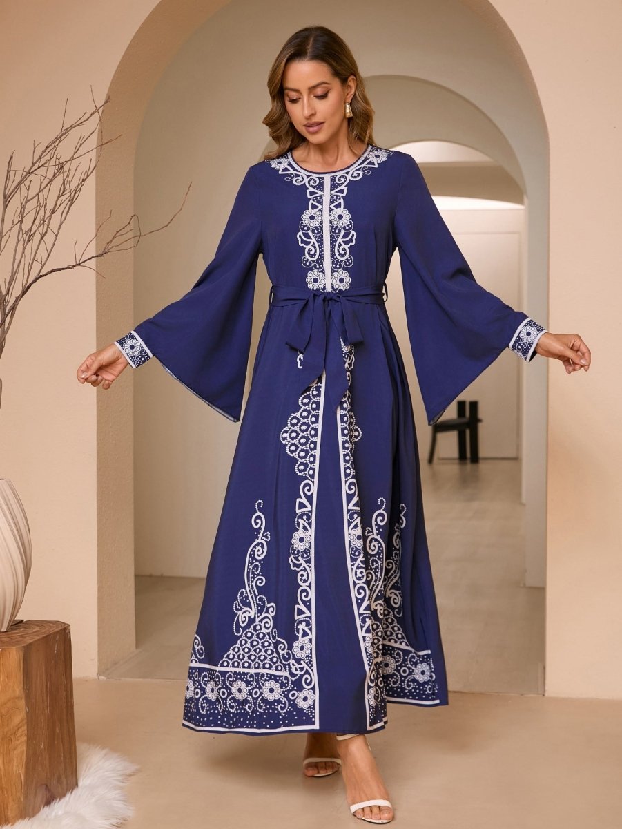 Navy Blue Digital Print Flared Sleeve Dress - Modest Elegant Robe with Lace - Up Detail & Embroidery(MA284) - Mariam's Collection