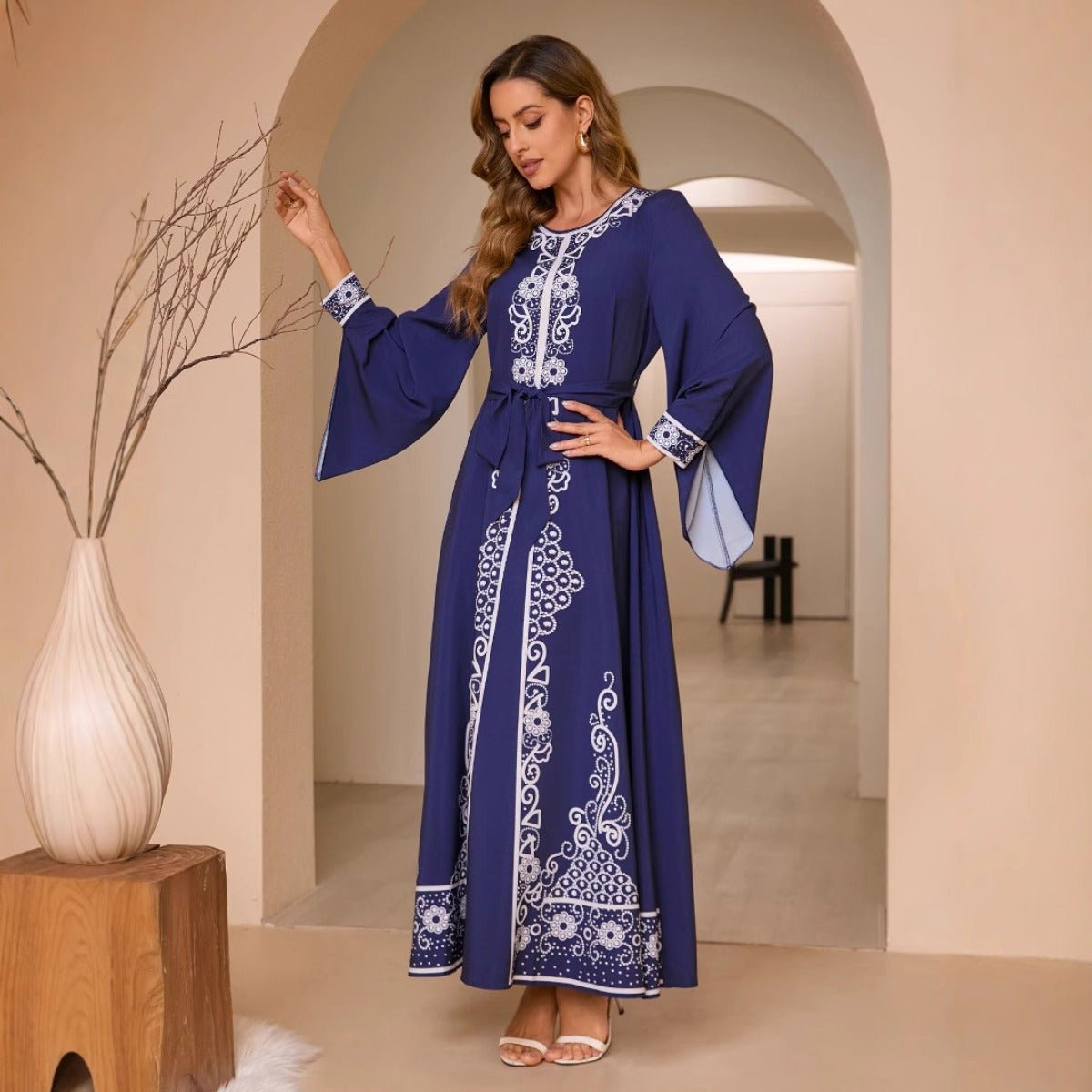 Navy Blue Digital Print Flared Sleeve Dress - Modest Elegant Robe with Lace - Up Detail & Embroidery(MA284) - Mariam's Collection