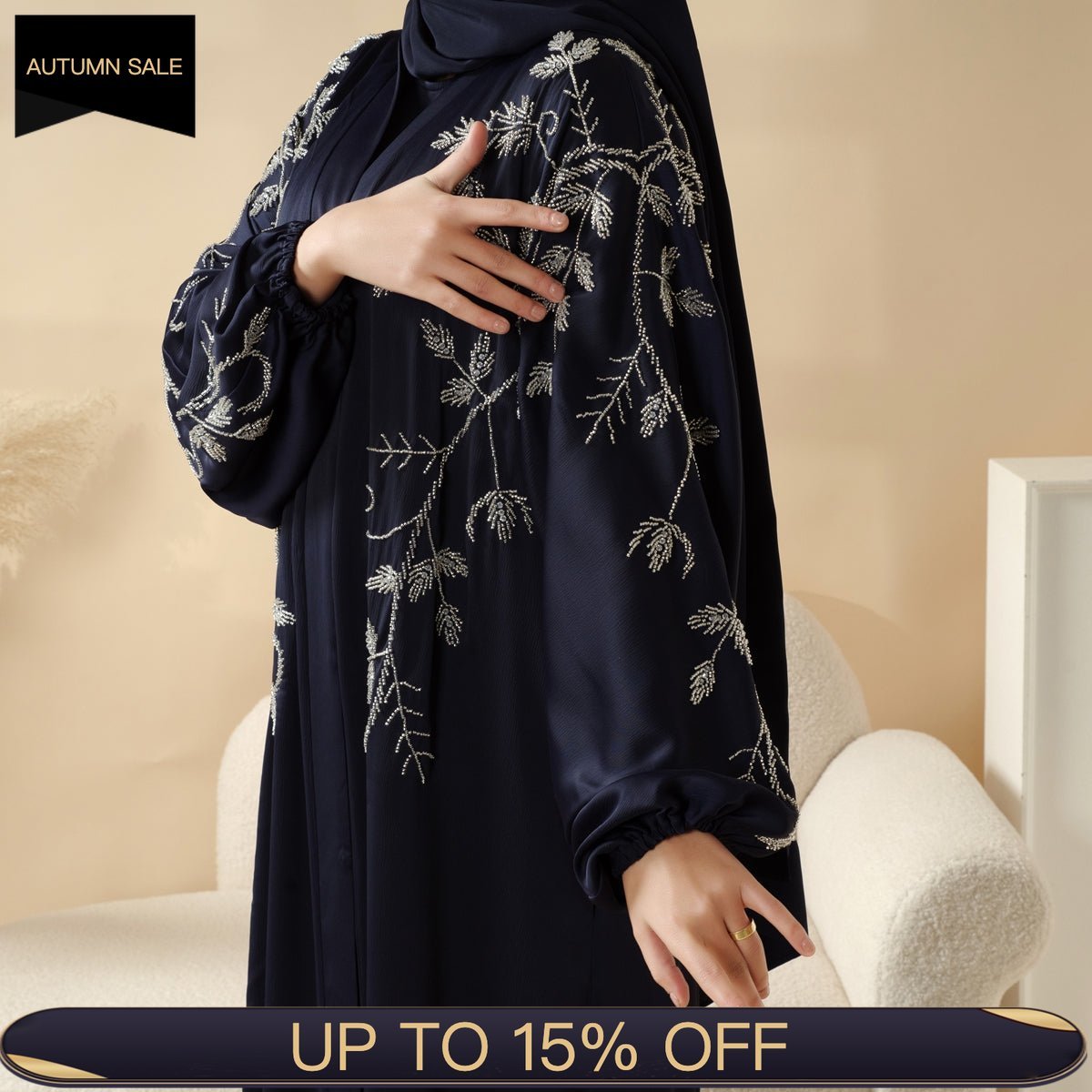 Navy Blue Pleated Abaya Set | Beaded Robe Abaya with Silver Embroidery (MOA168) - Mariam's Collection