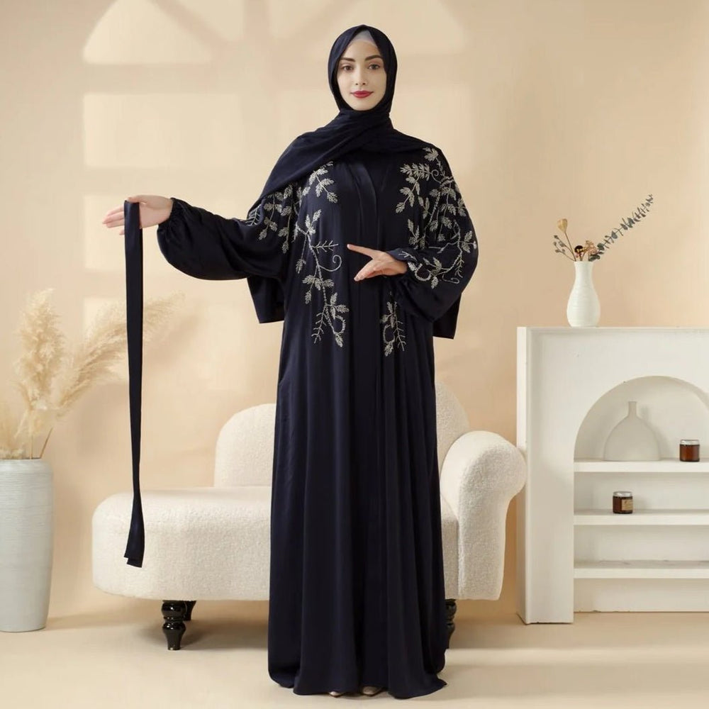 Beaked Robe Navy Blue Pleated Abaya Set | Beaded Robe Abaya with Silver Embroidery