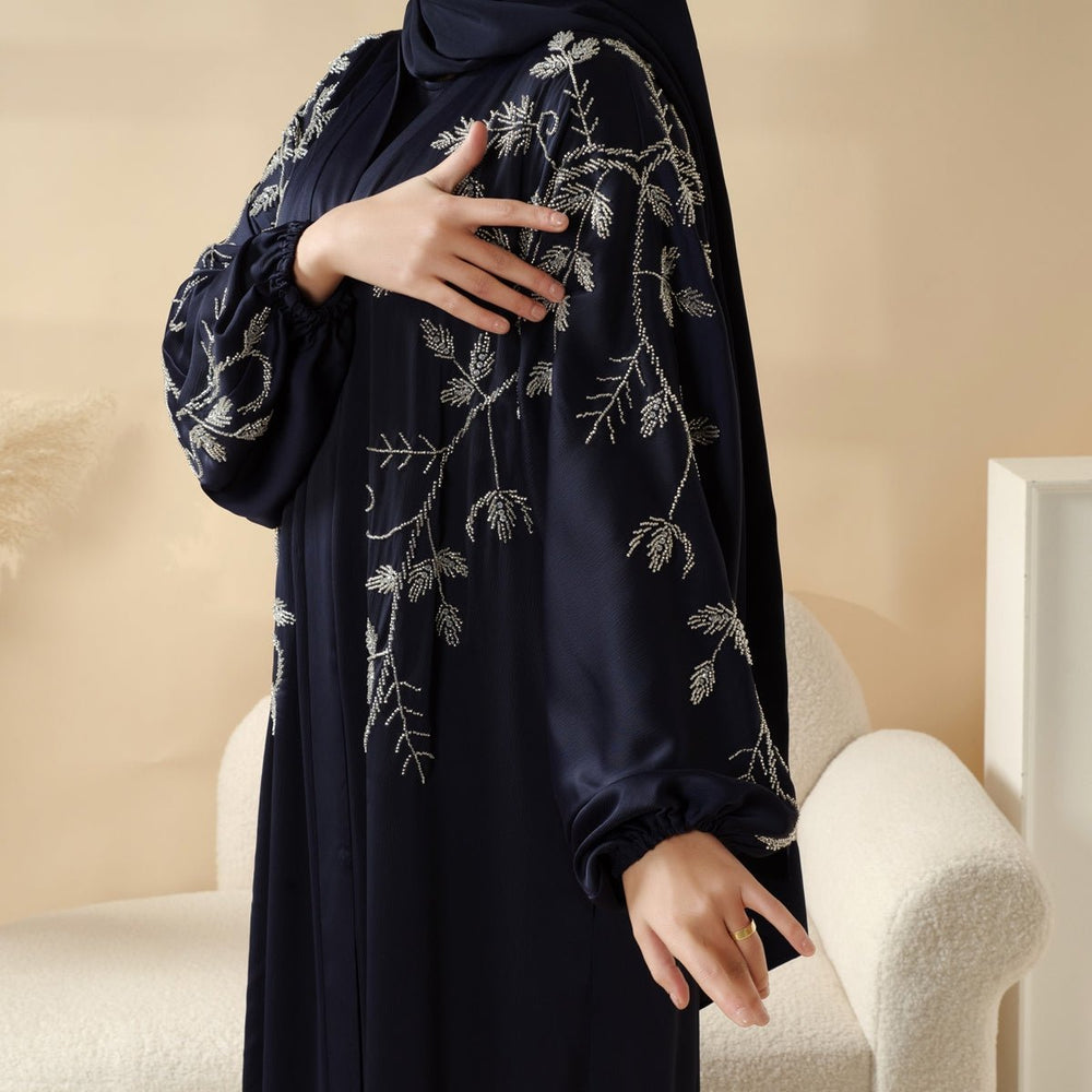 Beaked Robe Navy Blue Pleated Abaya Set | Beaded Robe Abaya with Silver Embroidery